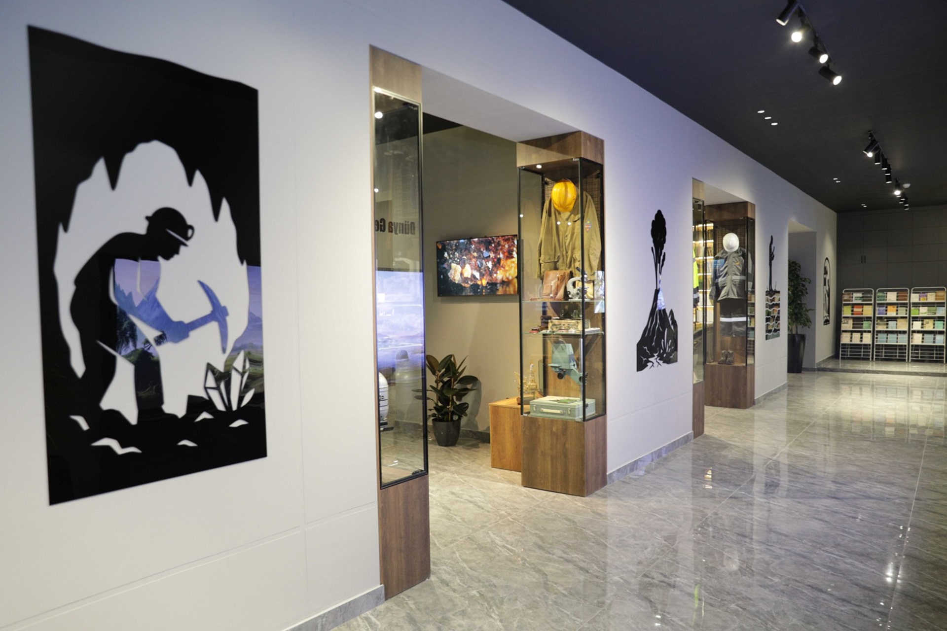 Backlit mineral specimen display cases with glass shelving